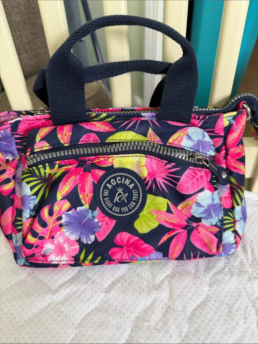 Aocina Floral Navy Mini Tote Bag - Navy Pink Multicolor